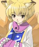 1girl animal_ears blonde_hair brown_eyes face female fox_ears fox_tail hands_in_sleeves multiple_tails no_hat no_headwear shiba_itsuki sibaki simple_background smile solo surcoat tail touhou upper_body yakumo_ran yellow_background 