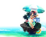  1girl barefoot bikini flower hibiscus innertube instrument parasol satoyasu smile solo swimsuit ukulele umbrella wallpaper water 