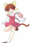  1girl :3 bandaid bandaid_on_knee bow brown_hair child dress female gegege_no_kitarou hair_bow hair_ribbon jumper naitou naitou_kouse nekomusume panties pantyshot pinafore_dress pink_panties red_eyes ribbon short_dress slit_pupils socks solo star strap_slip tail touei underwear white_legwear 