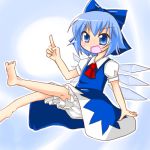  1girl barefoot bow cirno female lowres morino_harifu smile solo the_embodiment_of_scarlet_devil touhou 