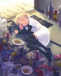  1girl black_legwear blonde_hair bottle can chopsticks closed_eyes food lowres lying no_shoes on_floor on_side original sleeping soda_can solo thigh-highs weno weno&#039;s_blonde_original_character zettai_ryouiki 