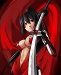  1girl beatmania beatmania_iidx black_hair breasts dj_sakura eu03 face red_eyes sakura_(beatmania_iidx) solo sword weapon 