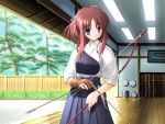  1girl archery archery_dojo arm_guards arrow blue_eyes bow bow_(weapon) brown_hair flat_chest game_cg gayarou hakama indoors japanese_clothes jewelry kyuudou long_hair marksman miyashiro_karin muneate ponytail range ring shirt shooting_range single_glove skirt solo suigetsu weapon yugake 