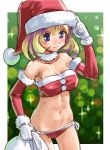  1girl bare_shoulders bikini blonde_hair blue_eyes choker christmas elbow_gloves gloves hat katahira_masashi midriff original santa_hat solo swimsuit 