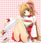  1girl azuma_yuki bow brown_eyes brown_hair cheerleader female footwear legs legs_up long_hair panties pantyshot pantyshot_(sitting) ponytail red_panties ribbon single_shoe sitting smile socks solo underwear undressing untying 