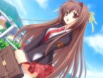  1girl bag bra-ban! brown_hair dutch_angle game_cg kobuichi nakanoshima_tae necktie open_mouth red_eyes ribbon school_bag school_uniform serafuku smile solo thigh-highs v_arms zettai_ryouiki 