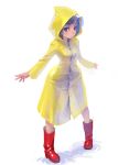  1girl boots raincoat rubber_boots shiny shiny_clothes simple_background solo weno 