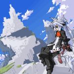  armor belt blue_eyes boots castle female gauntlets long_hair lowres mof mof&#039;s_silver_haired_twintailed_girl oekaki original silver_hair sitting twintails very_long_hair 