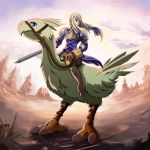  1girl agrias_oaks armor blonde_hair chocobo final_fantasy final_fantasy_tactics riding solo sword tsukumo weapon 