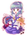  3girls blonde_hair blue_hair chibi female green_hair hair_ornament hat kochiya_sanae leaf leaf_hair_ornament letra moriya_suwako multiple_girls open_mouth petting red_eyes rope shimenawa short_hair taki_tarou takitarou tears touhou yasaka_kanako yellow_eyes 