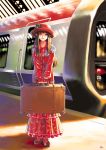  1girl blue_eyes brown_hair dress hat kobayashi_yuji kobayashi_yuuji long_hair original solo suitcase train train_station 