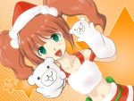  bear brown_hair green_eyes hand_puppet hand_puppets hat idolmaster midriff navel open_mouth puppet santa_hat skirt smile solo star takatsuki_yayoi twintails 