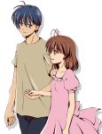  1girl antenna_hair blue_eyes blue_hair brown_eyes brown_hair buri_(yamaburi) casual clannad couple furukawa_nagisa hand_holding holding_hands okazaki_tomoya short_hair 