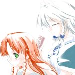  braid brush closed_eyes green_eyes hair_brush hair_brushing hong_meiling izayoi_sakuya maid red_hair redhead ribbon tenkasu_(murazaki) tenkasu_(pixiv) touhou twin_braids white_hair 