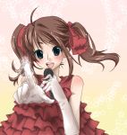  bare_shoulders blue_eyes brown_hair dress elbow_gloves foreshortening frills gloves hair_ribbon hands haruka_(pokemon) microphone pointing pokemon ribbon solo twintails 