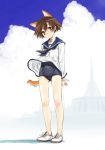  as-special brown_eyes brown_hair highres miyafuji_yoshika no_pants satou_atsuki school_swimsuit school_uniform short_hair sketch solo strike_witches swimsuit swimsuit_under_clothes tail 
