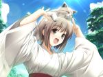  animal_on_head antenna_hair brown_hair cat cat_on_head flat_chest game_cg hashimoto_takashi japanese_clothes miko nature open_mouth yosuga_no_sora 