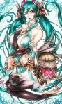  barefoot breasts bridal_gauntlets green_eyes green_hair hand_on_chest hand_on_own_chest hatsune_miku hatsune_miku_(append) highres jongo large_breasts miku_append open_mouth thigh-highs thighhighs twintails vocaloid vocaloid_append 