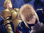  1024x768 blonde_hair braid fate/stay_night fate/unlimited_codes fate_(series) gilgamesh heterochromia higurashi_ryuuji red_eyes resizing_artifacts saber smirk takeuchi_takashi type-moon wallpaper 