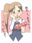  bamboo_blade blue_eyes blush brown_hair hair_ornament hairclip holding holding_gift incoming_gift long_hair makarou side_ponytail translated valentine 
