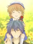  blue_hair brown_hair carrying child clannad closed_eyes father_and_daughter hat okazaki_tomoya okazaki_ushio on_shoulders robot short_hair shoulder_carry 