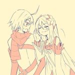  1girl emil_castagnier flower hair_ornament hair_ornaments long_hair lowres marta_lualdi monochrome pink scarf smile tales_of_(series) tales_of_symphonia tales_of_symphonia_knight_of_ratatosk yellow_background 