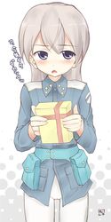  blush eila_ilmatar_juutilainen gift grey_hair hanyu holding holding_gift incoming_gift military military_uniform pantyhose polka_dot signature simple_background solo strike_witches translated uniform valentine white_legwear 