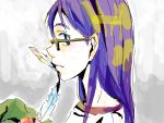  blue_eyes feathers flcl glasses gym_uniform kansai_local long_hair looking_back ninamori_eri profile purple_hair 