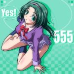  akimoto_komachi blush checkered checkered_background from_above futari_wa_pretty_cure green_background green_eyes green_hair hairband kikuchi_tsutomu looking_up number precure sitting socks yes!_precure_5 