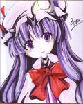  bow favfavver2 favfavver2_(artist) hat lowres patchouli_knowledge purple_eyes purple_hair shikishi solo touhou traditional_media violet_eyes 