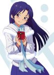  blue_hair blush coat gift holding holding_gift idolmaster kisaragi_chihaya long_hair oku_(okumen) okumen solo valentine 