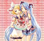  a-gatha bad_id cake food fruit hatsune_miku kagamine_rin multiple_girls pastry strawberry twintails vocaloid wink 