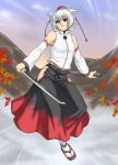  bare_shoulders detached_sleeves houtengeki inubashiri_momiji leaf leaves red_eyes scabbard sheath short_hair skirt sword tabi touhou weapon white_hair wolf_ears 