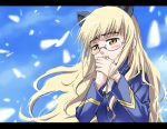  animal_ears blonde_hair cat_ears covering_mouth glasses long_hair military military_uniform perrine_h_clostermann strike_witches uniform yellow_eyes 