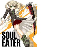  artist_request blonde_hair boots green_eyes jacket long_hair maka_albarn necktie scythe shirt skirt soul_eater twintails 