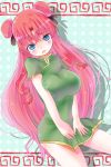  bad_id blue_eyes blush breast_squeeze breasts china_dress chinadress chinese_clothes double_bun hair_buns hong_meiling large_breasts mamepon pink_hair solo touhou 