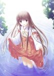  brown_eyes brown_hair dress dress_lift japanese_clothes long_hair miko nimura_yuuji solo tsuki_kagerou tsukikagerou very_long_hair wading water wet wet_clothes 