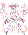  bat_wings belt boots demon_wings fire gloves hagane_soushi kagura_soushi long_hair low_wings mahou_shoujo_lyrical_nanoha mahou_shoujo_lyrical_nanoha_strikers midriff minigirl red_hair redhead sketch twintails wings 