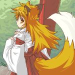  blonde_hair fox_ears fox_tail japanese_clothes kazami_karasu lowres miko oekaki tail yellow_eyes 