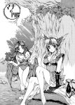  angela barefoot breasts cleavage feet_in_water long_hair monochrome multiple_girls nature riesz seiken_densetsu seiken_densetsu_3 soaking_feet tamiya_akito tree water 