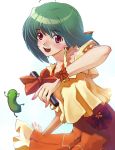  blush dress green_hair macross macross_frontier microphone orange_dress ranka_lee red_eyes ribbon short_hair skirt smile 