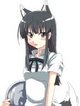  black_hair cat_ears grey_eyes grune grune_(artist) payot simple_background solo tail tray waitress wolf_ears wolf_tail 