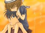  blue_eyes blue_hair brown_hair carrying child clannad closed_eyes father_and_daughter hat minami_to_uri_to okazaki_tomoya okazaki_ushio on_shoulders short_hair shoulder_carry translated translation_request 