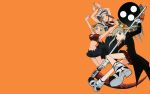  artist_request blonde_hair breasts brown_hair death_the_kid elizabeth_thompson highres large_breasts maka_albarn multiple_girls orange_background patricia_thompson scythe soul_eater wallpaper 