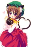 brown_hair cat_ears cat_tail chen chocolate fang hat heart heart_tail holding jewelry meito_(maze) multiple_tails open_mouth purple_eyes short_hair simple_background single_earring smile solo tail touhou valentine violet_eyes 