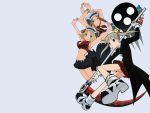  artist_request blonde_hair breasts brown_hair death_the_kid elizabeth_thompson grey_background highres large_breasts maka_albarn multiple_girls patricia_thompson scythe soul_eater wallpaper 