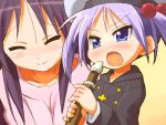 age_difference blue_eyes blush child closed_eyes hat hiiragi_kagami hiiragi_miki instrument lucky_star mother_and_daughter oekaki purple_hair recorder tsurime younger 