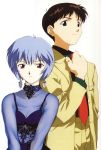  1boy 1girl absurdres ayanami_rei blue_hair brown_hair christmas earrings hasegawa_shin&#039;ya highres ikari_shinji jewelry necktie neon_genesis_evangelion red_eyes short_hair 