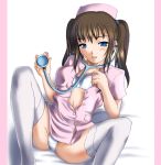  blue_eyes bra brown_hair c-wing hat lingerie nurse nurse_cap open_clothes open_shirt panties shirt spread_legs stethoscope thigh-highs twintails underwear white_panties 