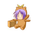  1girl :3 animal_costume bear_costume bear_tsukasa blush capybara-san chibi hiiragi_tsukasa lowres lucky_star minami_(colorful_palette) o_o purple_hair short_hair simple_background sitting solo suitcase 